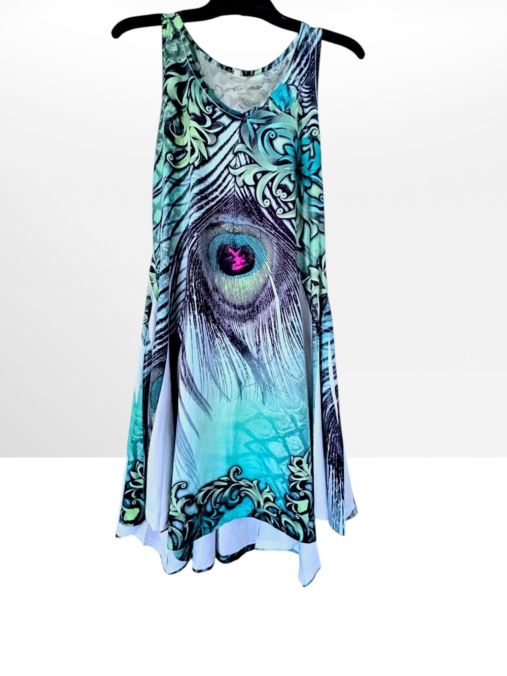 India Boutique Peacock Feather Tank Dress Cutout Lace Back Handkerchief Hem